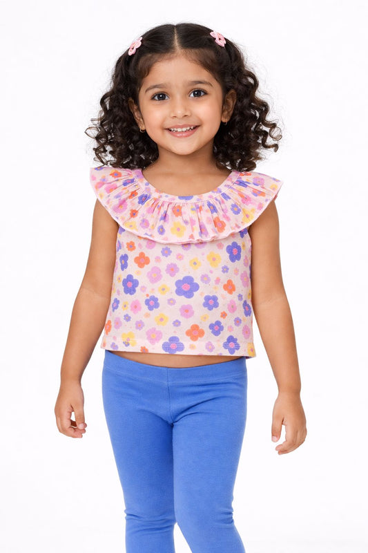 CHILINS Girls Cotton Printed Ruffle Neck Top – Cute Summer Casual Wear