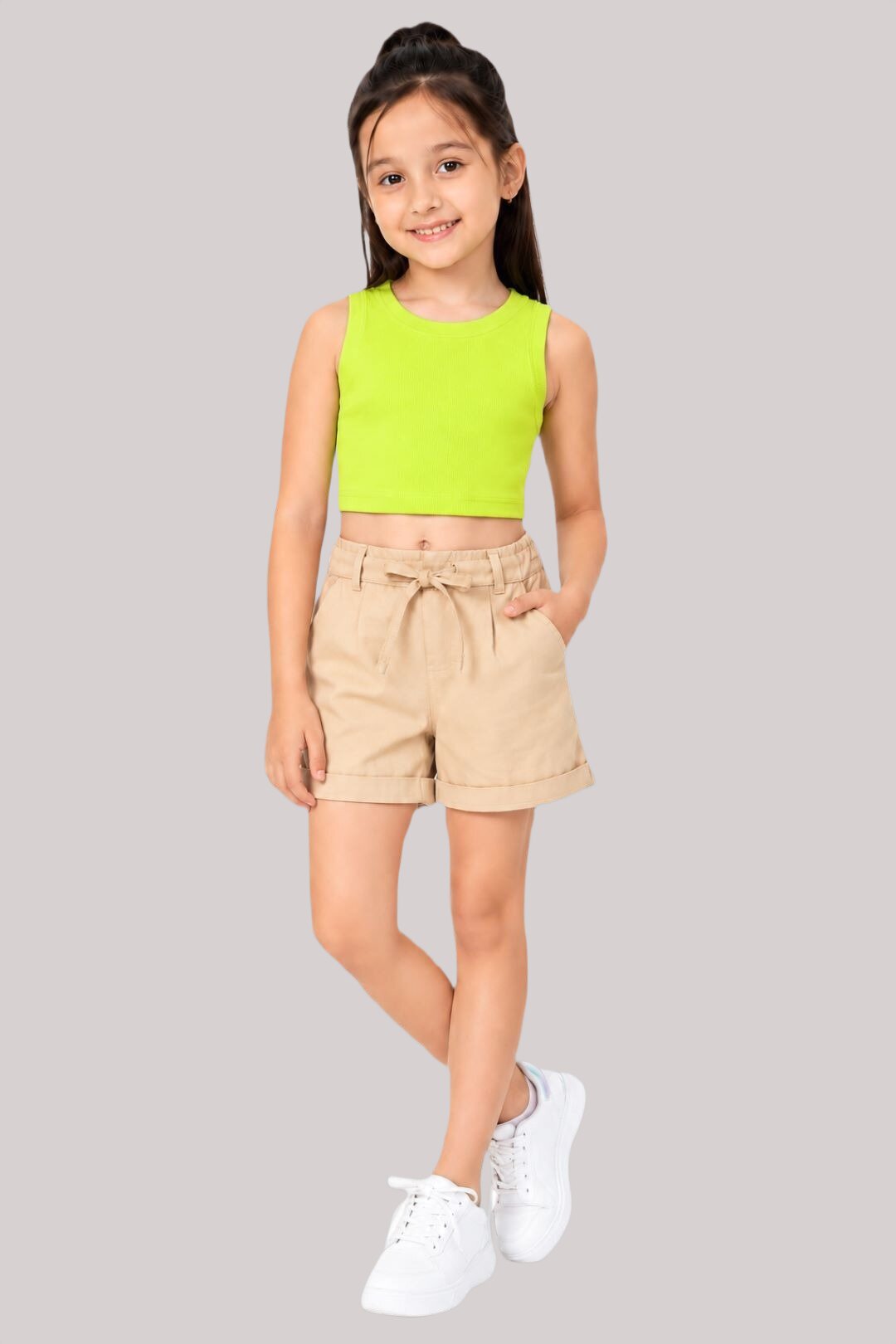 CHILINS Girls Neon Green Ribbed Sleeveless Crop Top