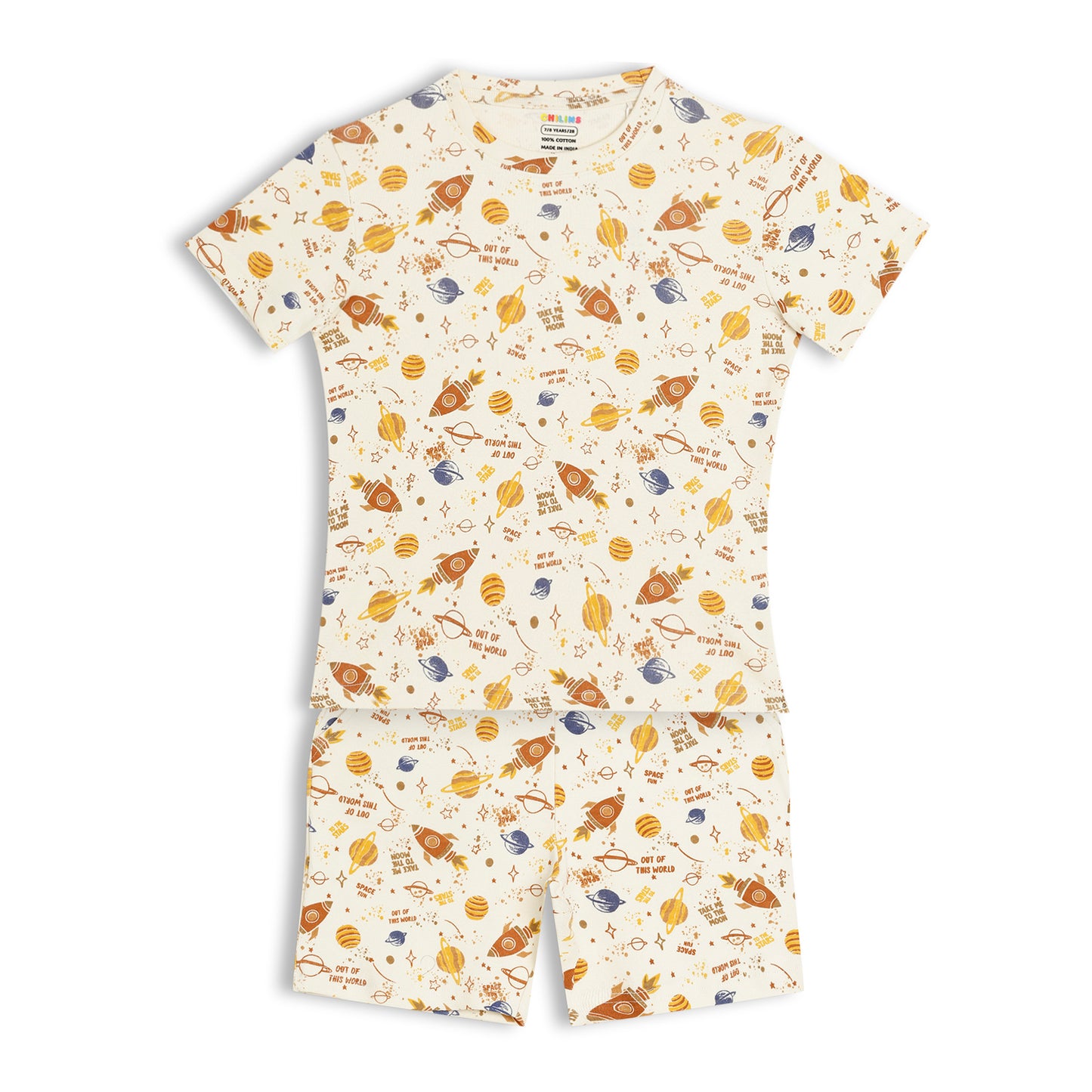 CHILINS Kids Pure Cotton Printed T-Shirt & Shorts Set | Space Theme Co-Ord Set