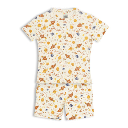 CHILINS Kids Pure Cotton Printed T-Shirt & Shorts Set | Space Theme Co-Ord Set