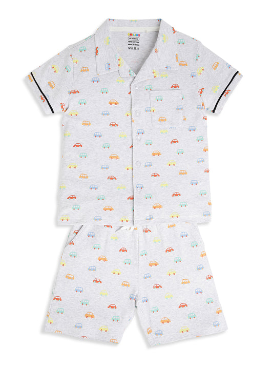 CHILINS Boys Car Print Night Suit Set | 100% Pure Cotton Half Sleeve Shirt & Shorts