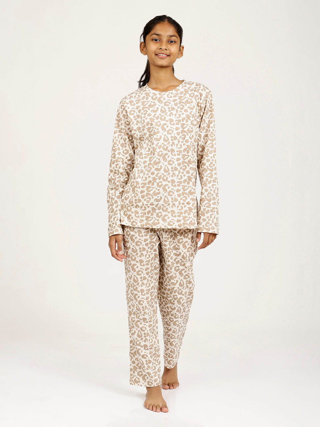 CHILINS Girls Pure Cotton Beige Brown Full Sleeve T-Shirt Pyjama Set – Animal Print