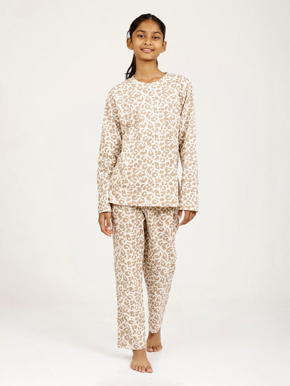 CHILINS Girls Pure Cotton Beige Brown Full Sleeve T-Shirt Pyjama Set – Animal Print