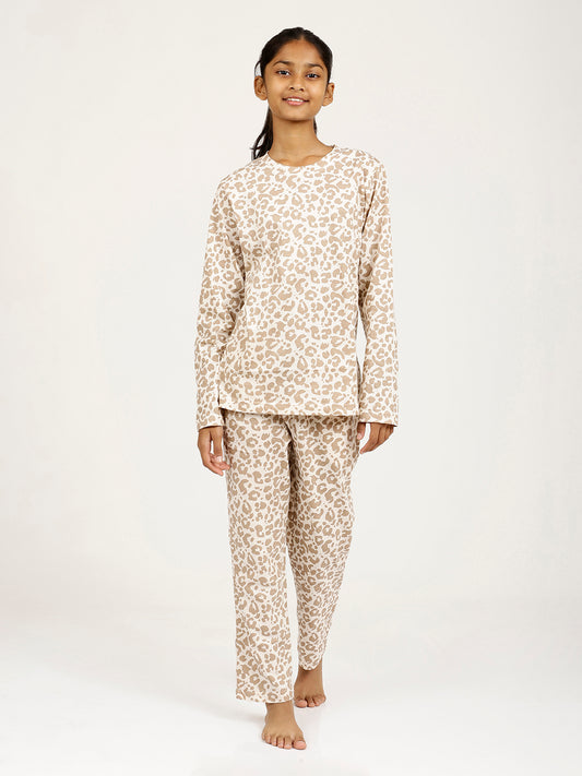 CHILINS Girls Pure Cotton Beige Brown Full Sleeve T-Shirt Pyjama Set – Animal Print