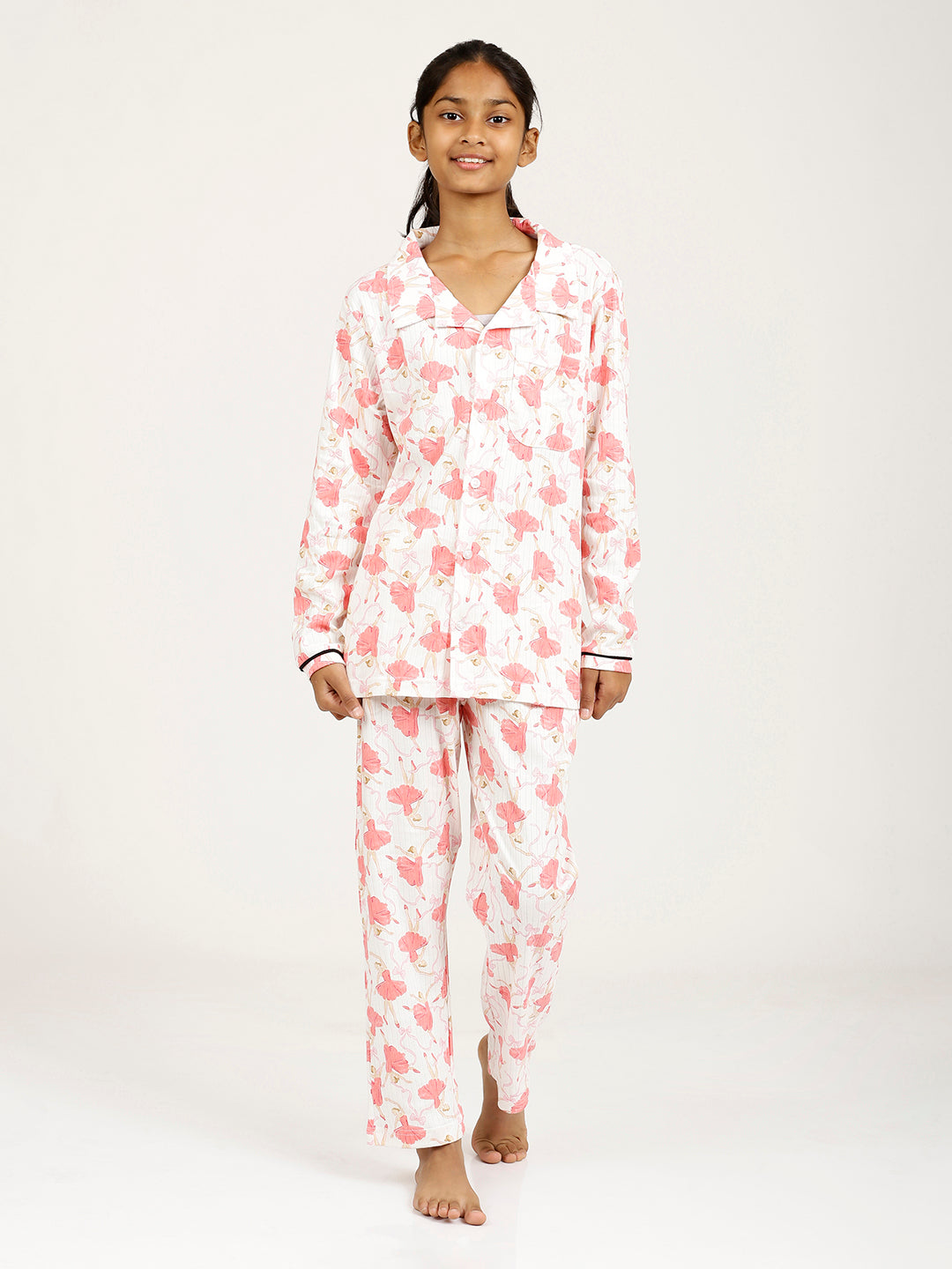 CHILINS Girl Cotton Shirt Pyjama Night Dress – Dancing Girl White & Pink Print