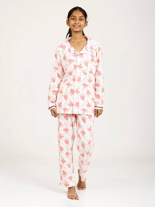 CHILINS Girl Cotton Shirt Pyjama Night Dress – Dancing Girl White & Pink Print