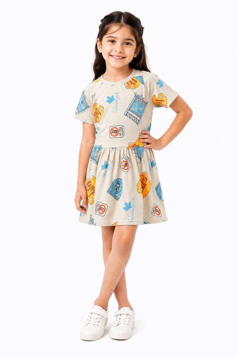 CHILINS Girls Beige Printed Round Neck Fit & Flare Dress