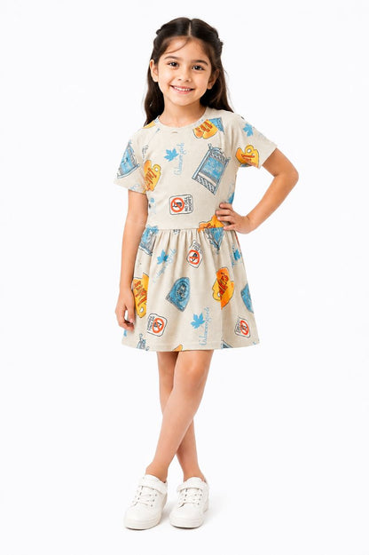 CHILINS Girls Beige Printed Round Neck Fit & Flare Dress