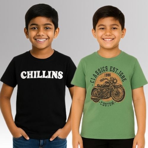Round Neck Printed Cotton Tshirt, Color- Black, Olive_(Pack of 2)