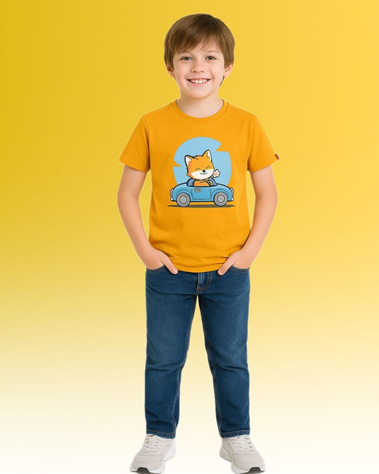 Round Neck Printed Cotton Tshirt, Color- Golden Yellow