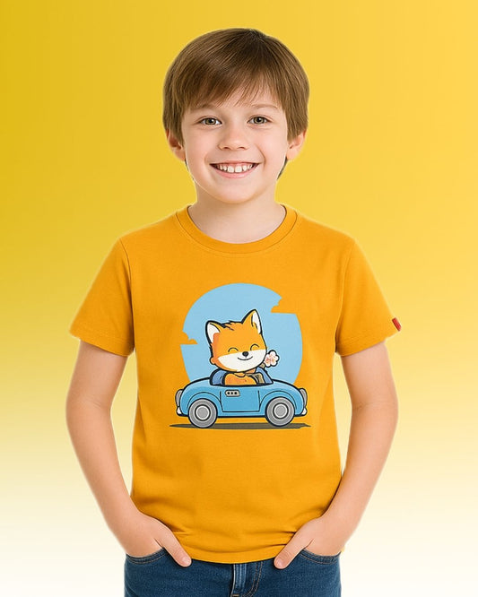 Round Neck Printed Cotton Tshirt, Color- Golden Yellow