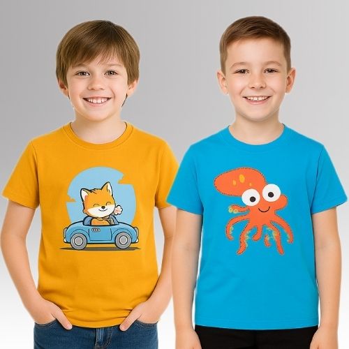 Round Neck Printed Super Combed Cotton T-shirt, (Pack of 2)