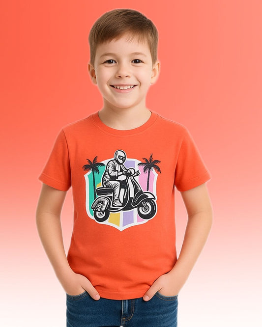 Round Neck Printed Super Combed Cotton T-shirt, Color- Orange