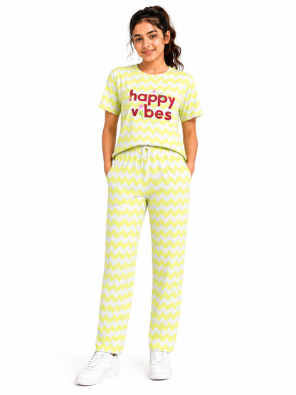 CHILINS Girls Light Green & Grey Printed T-Shirt & Jogger Set – Casual Lounge Wear