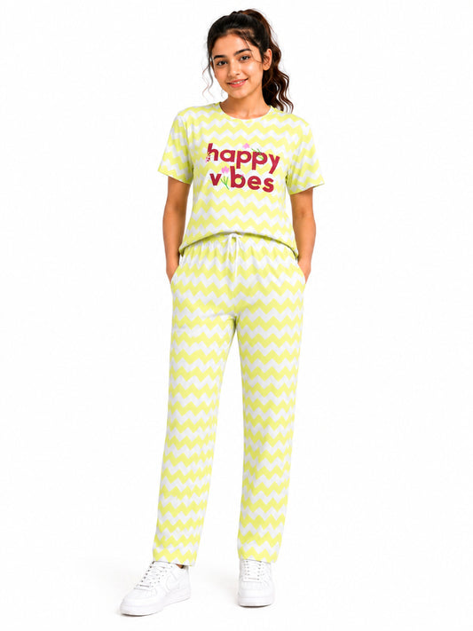 CHILINS Girls Light Green & Grey Printed T-Shirt & Jogger Set – Casual Lounge Wear