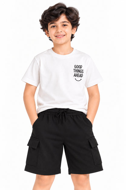 CHILINS Boys Black Cargo Shorts | Drawstring Waist | Side Utility Pockets | Regular Fit | Casual Everyday Wear