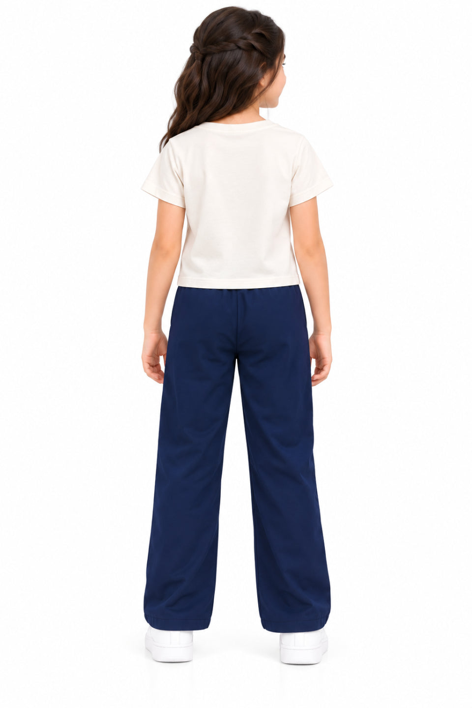 CHILINS Girls Navy Blue Cotton Track Pants | Wide-Leg Trousers with Drawstring Waist