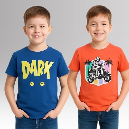 Round Neck Printed Super Combed Cotton T-shirt, (Pack of 2)