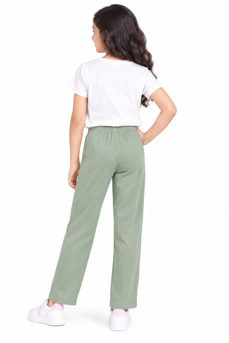 CHILINS Girls Green Cotton Track Pants | Wide-Leg Trousers with Drawstring Waist
