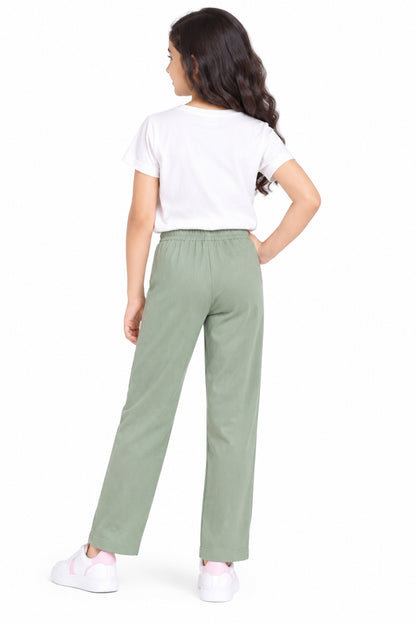 CHILINS Girls Green Cotton Track Pants | Wide-Leg Trousers with Drawstring Waist