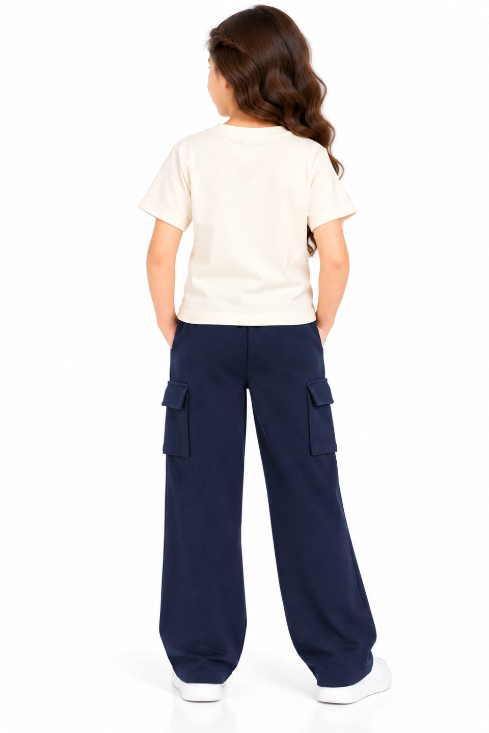 CHILINS Girls Navy Blue Cotton Cargo Track Pants | Wide-Leg Trousers with Drawstring Waist