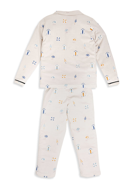 CHILINS Boys Beach Print Night Suit Set | 100% Pure Cotton Full Sleeve Shirt & Pyjama