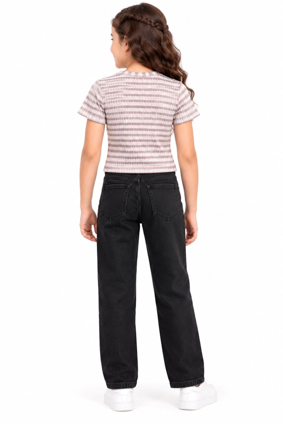 CHILINS Girls Grey & White Striped Crop Top | Short Sleeve Round Neck Casual Top