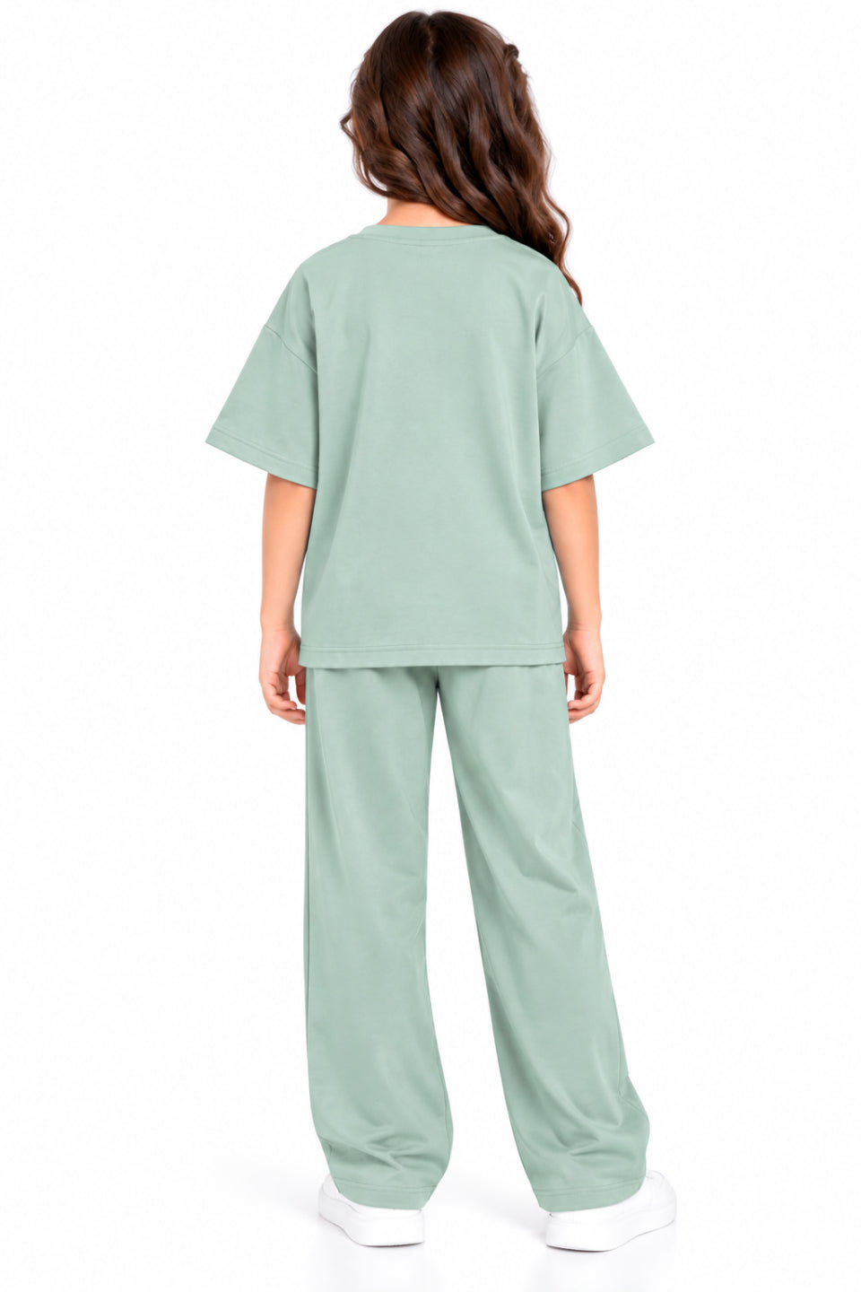 CHILINS Girls Mint Green Co-Ord Set | Oversized T-Shirt & Wide-Leg Pants
