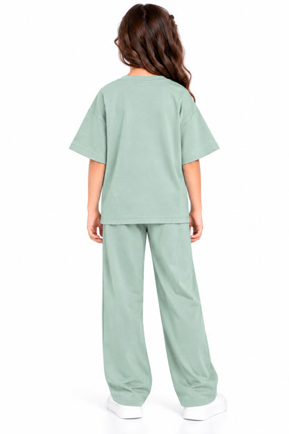CHILINS Girls Mint Green Co-Ord Set | Oversized T-Shirt & Wide-Leg Pants