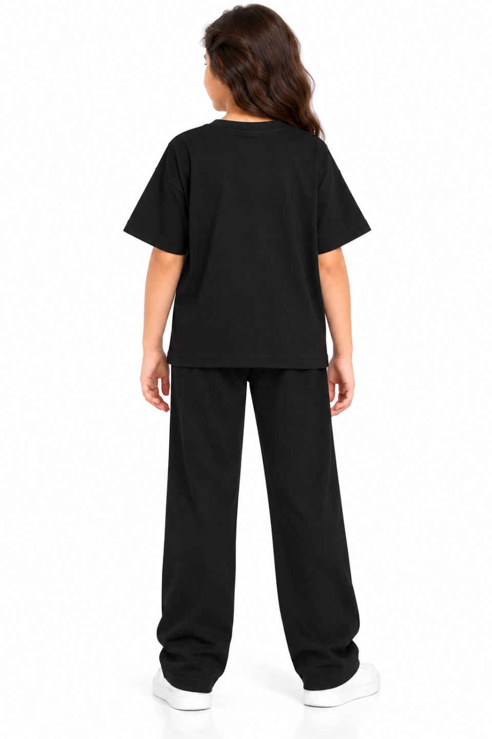 CHILINS Girls Black Co-Ord Set | Oversized T-Shirt & Wide-Leg Pants