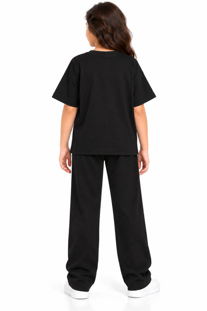 CHILINS Girls Black Co-Ord Set | Oversized T-Shirt & Wide-Leg Pants