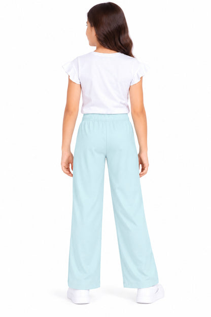 CHILINS Girls Light Blue Wide Leg Palazzo Pants | Elasticated Waist | Side Pockets | Full Length | Regular Fit
