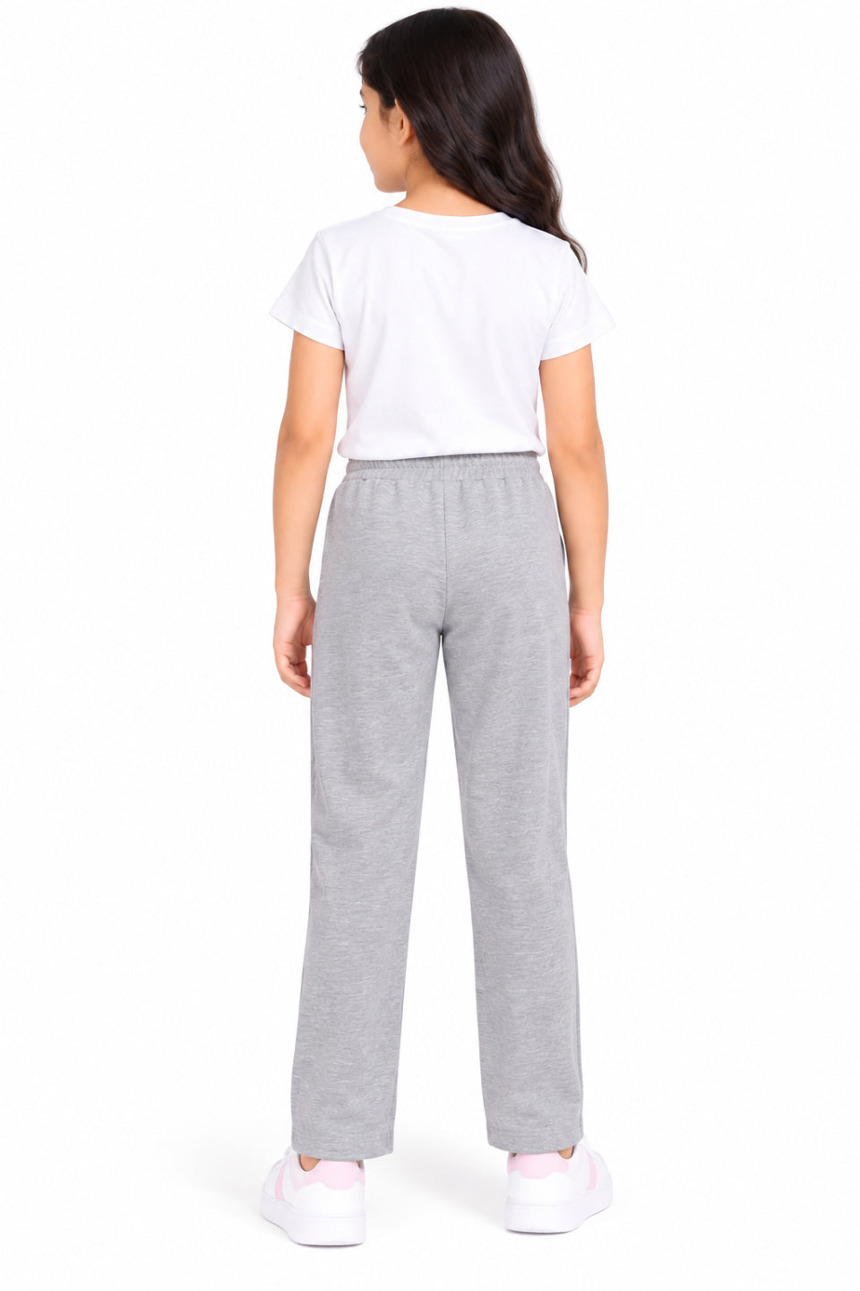 CHILINS Girls Grey Cotton Track Pants | Straight-Leg Trousers with Drawstring Waist