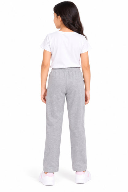 CHILINS Girls Grey Cotton Track Pants | Straight-Leg Trousers with Drawstring Waist
