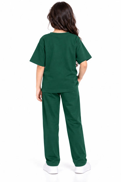 CHILINS Girls Green Co-Ord Set | Matching T-Shirt & Straight-Leg Pants