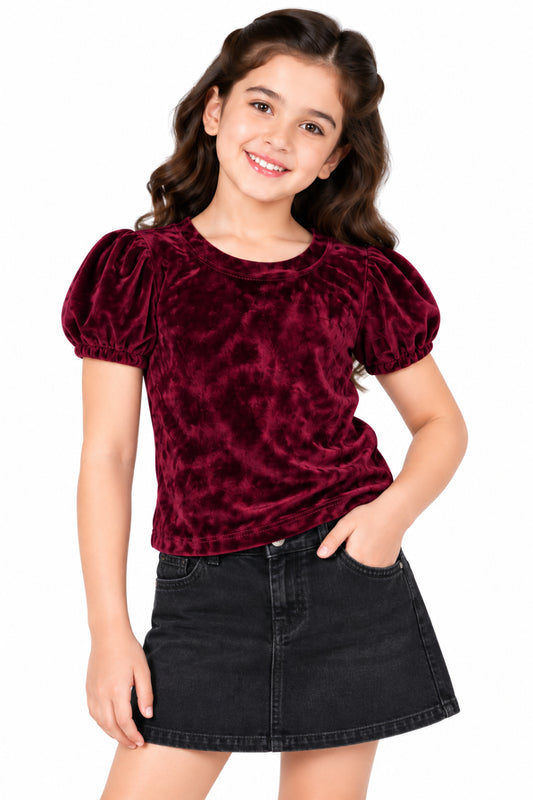CHILINS Girls Burgundy Velvet Top | Puff Sleeve Round Neck Casual Top