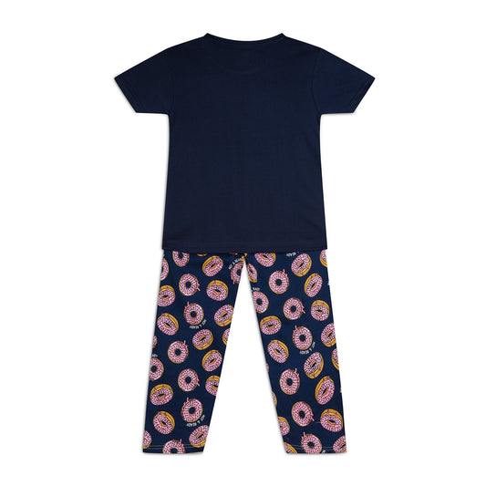Sleepwear Set | Tshirt Pyjama Pant Set | Nightsuit Set | Girls Cotton Fabric Blue Donut