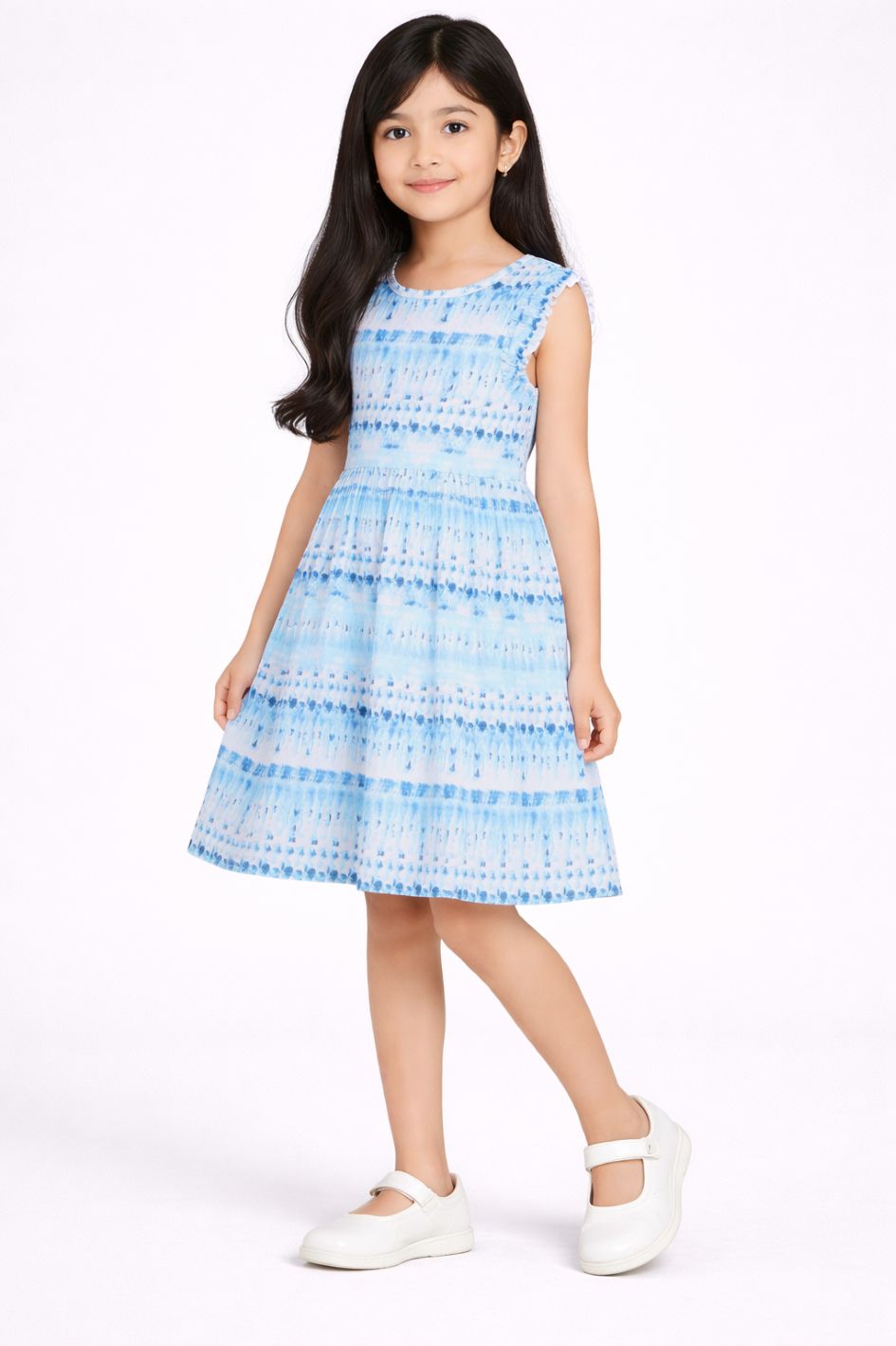 CHILINS Girls Blue Printed Sleeveless Frock Dress with Tie Dye Pattern for Kids