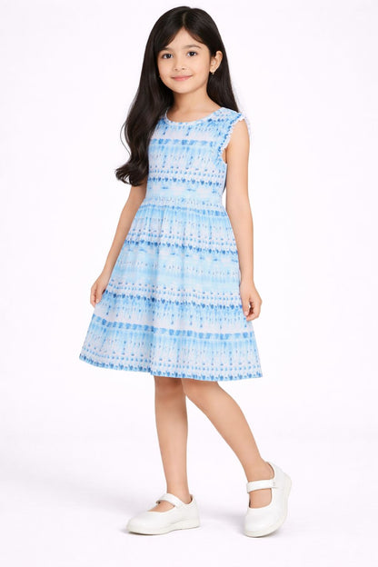 CHILINS Girls Blue Printed Sleeveless Frock Dress with Tie Dye Pattern for Kids