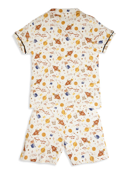 CHILINS Boys Space Rocket Print Night Suit Set | 100% Pure Cotton Half Sleeve Shirt & Shorts