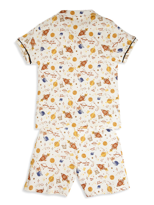 CHILINS Boys Space Rocket Print Night Suit Set | 100% Pure Cotton Half Sleeve Shirt & Shorts