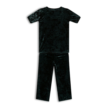 CHILINS Girls Velvet Co-Ord Set | Dark Green Top & Pants Set for Kids