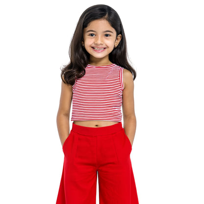 Girl's Solid Crew Neck Ribbed/Knitted Sleeveless Stretchable Slim Fit Crop Tank Top Red