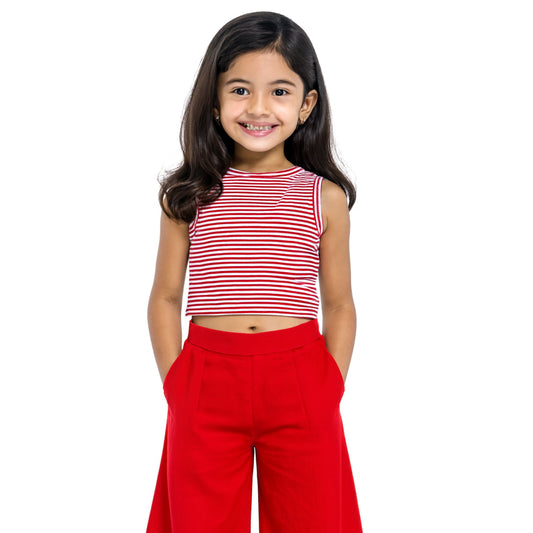 Girl's Solid Crew Neck Ribbed/Knitted Sleeveless Stretchable Slim Fit Crop Tank Top Red