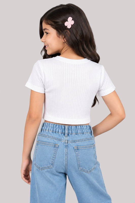 CHILINS Girls White Ribbed Crop Top | Short Sleeve Round Neck Casual Top for Kids