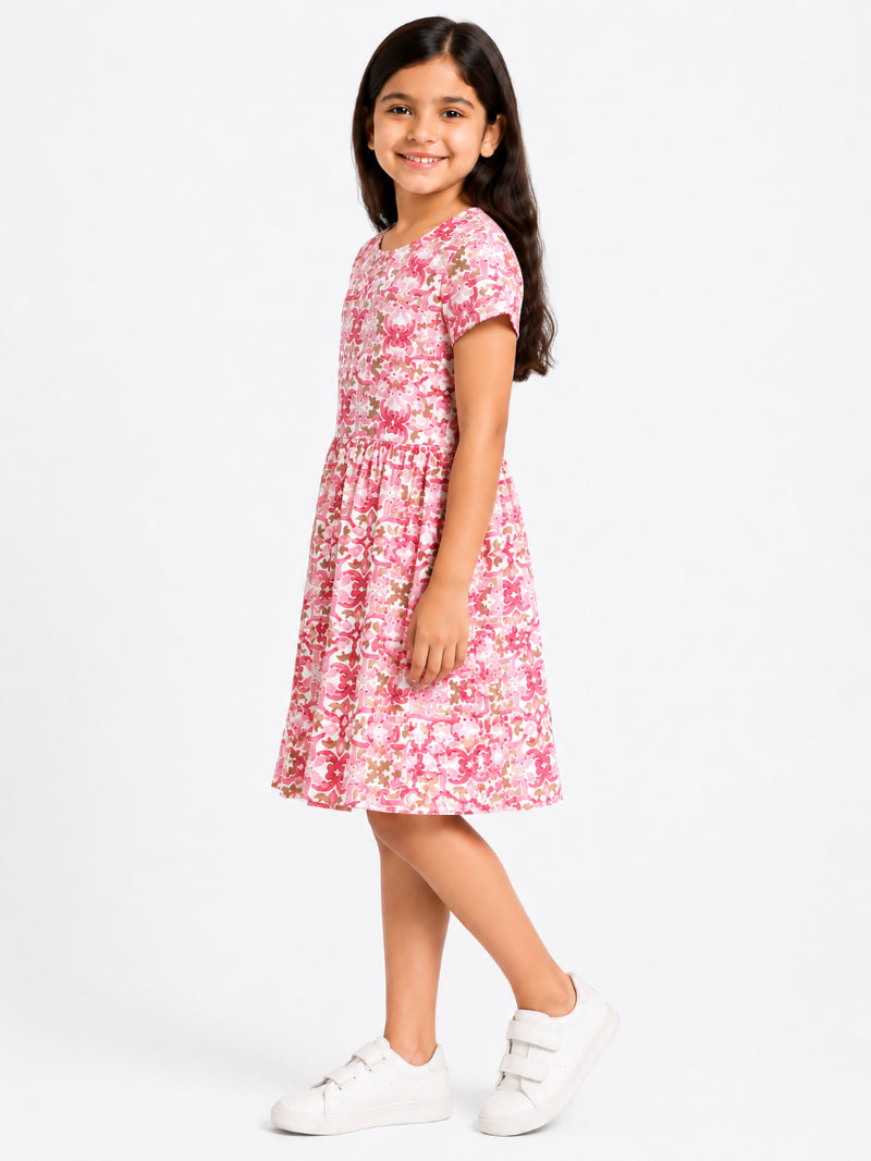 CHILINS Girls Pink Printed Cotton Frock Dress