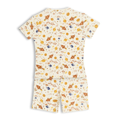 CHILINS Kids Pure Cotton Printed T-Shirt & Shorts Set | Space Theme Co-Ord Set