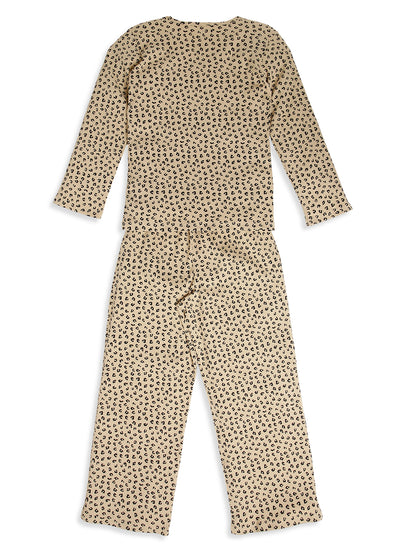 CHILINS Girls Leopard Print Night Suit Set | Soft Ribbed Cotton Full Sleeve Top & Pyjama | Kids Sleepwear
