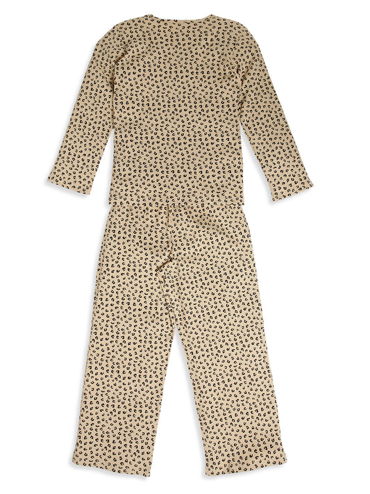 CHILINS Girls Leopard Print Night Suit Set | Soft Ribbed Cotton Full Sleeve Top & Pyjama | Kids Sleepwear