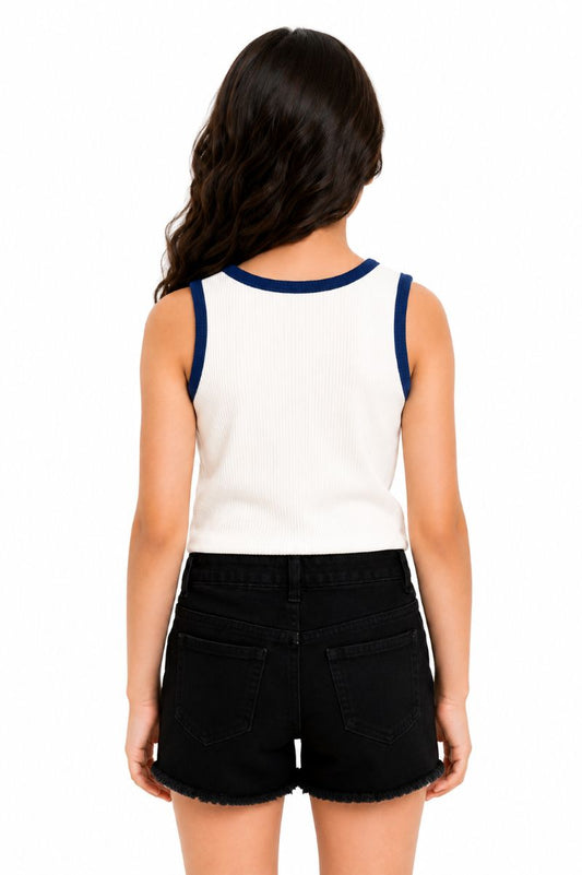 CHILINS Girls White Sleeveless Ribbed Top with Navy Blue Trim